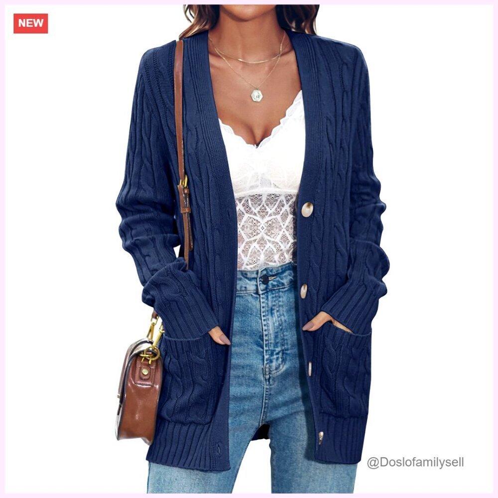 Chunky Cable Knit Cardigan Sweater, Button Front, Oversized Fit, Hip Length